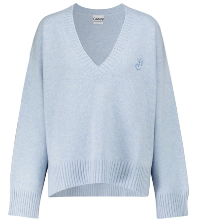 Ganni Recycled Wool Blend V-neck Sweater In Blue
