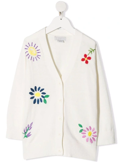 Stella Mccartney Kids' Floral-embroidered V-neck Cardigan In White