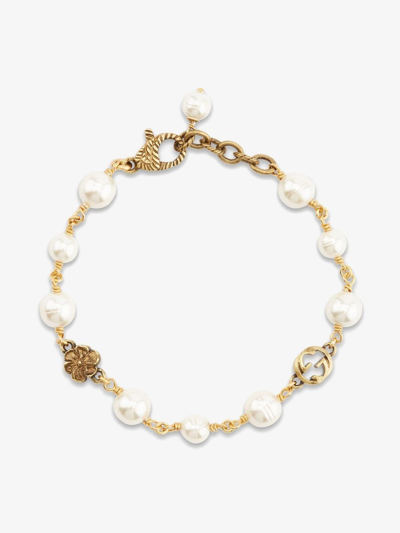 Gucci Interlocking G Flower Pearl Bracelet In Gold