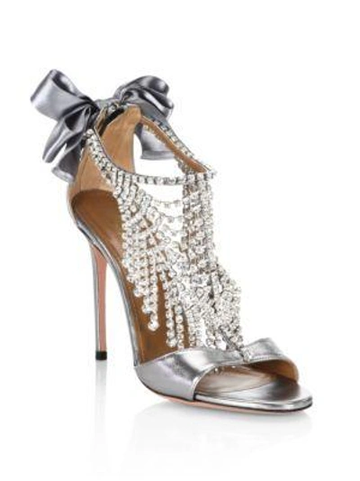Aquazzura Fifth Avenue Crystal & Metallic Leather Sandals In Steel Grey