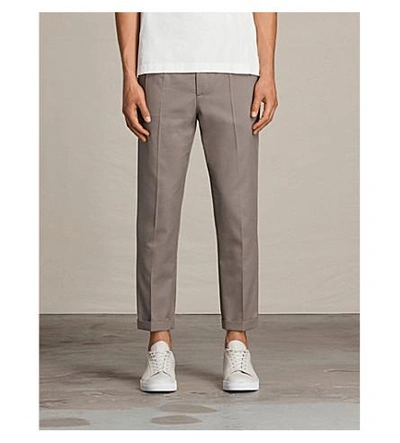 Allsaints Tallis Regular-fit Tapered Cotton And Wool-blend Trousers In Soft Khaki Gre