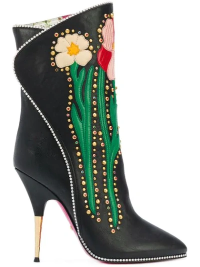 Gucci Fosca Appliquéd Embellished Textured-leather Ankle Boots In Black