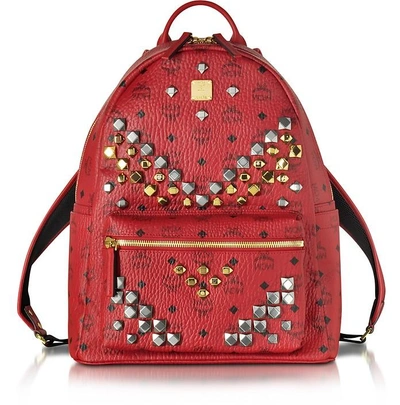 Mcm Stark Ruby Red Medium Backpack W/studs