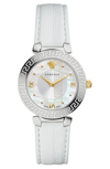 Versace 35mm Daphnis Leather Greca Watch, White