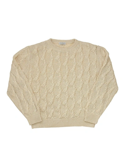 Brunello Cucinelli Kids' Cable Knit Jumper With Sequins In Beige