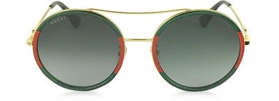 Gucci Sunglasses Gg0061s Acetate And Gold Metal Round Aviator Women's Sunglasses In Red,green,shaded Green