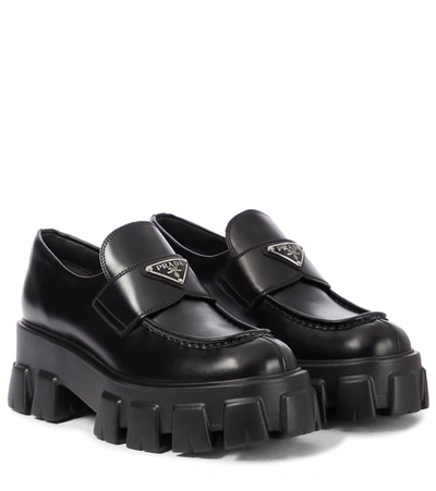 Prada Monolith Leather Logo Platform Loafers In Black