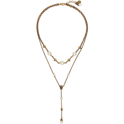 Alexander Mcqueen Skull And Pearl Embellished Gold-tone Necklace In 0448 4039 Mix