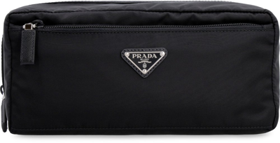 Prada Logo Plaque Travel Pouch In Black