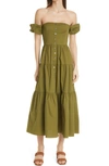 Staud Elio Off The Shoulder Midi Dress In Olive