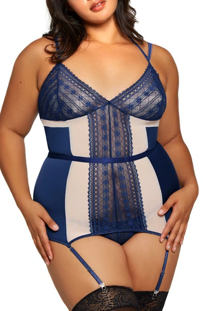 Icollection Lace & Mesh Teddy With Garter Straps In Navy-beige