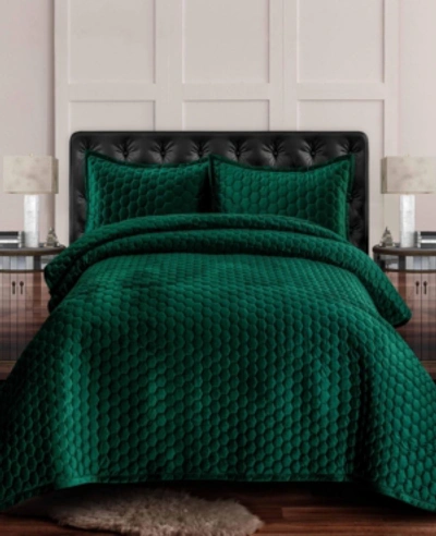Tribeca Living Lugano Honeycomb Velvet Oversized Solid 3 Piece Quilt Set, Queen In Dark Green 1