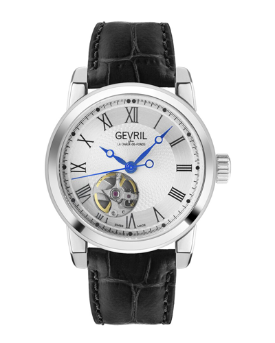 Gevril Men's Madison Swiss Automatic Stainless Steel & Leather Strap Watch In Black