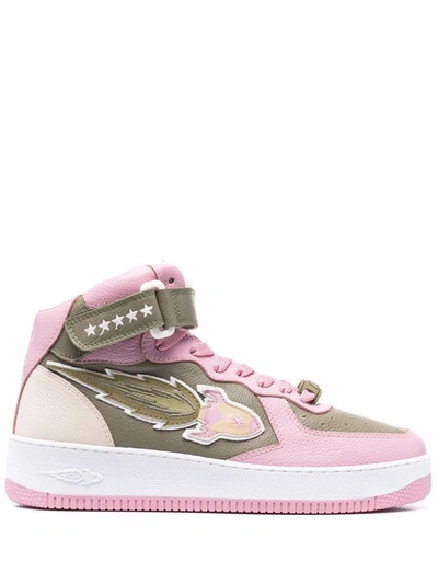 Enterprise Japan Rocket High Sneakers In Pink And Khaki Leather In Green