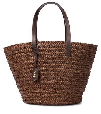 Saint Laurent Panier Leather-trimmed Raffia Tote In Brown