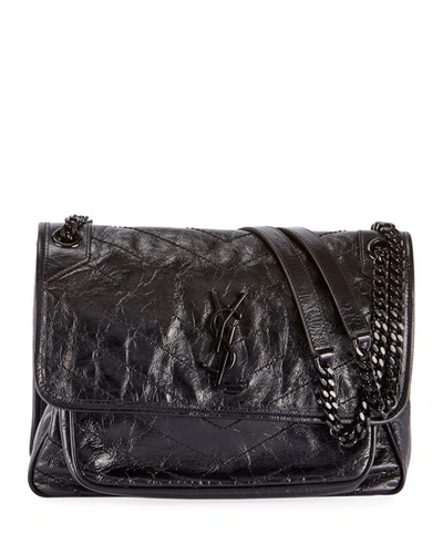 Saint Laurent Niki Medium Flap Ysl Shoulder Bag In Crinkled Leather In Black