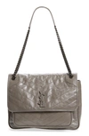 Saint Laurent Large Niki Crinkled Matelassé Leather Shoulder Bag In Fog