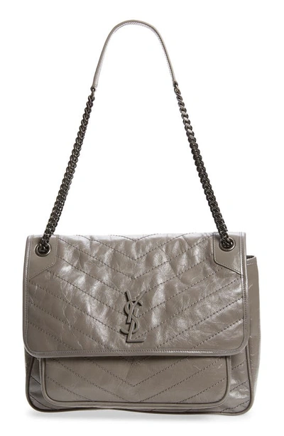 Saint Laurent Large Niki Crinkled Matelassé Leather Shoulder Bag In Fog