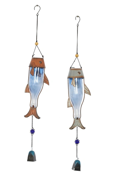 Willow Row Blue Metal Fish Windchime With Glass Bottle Body And Beads In Multi