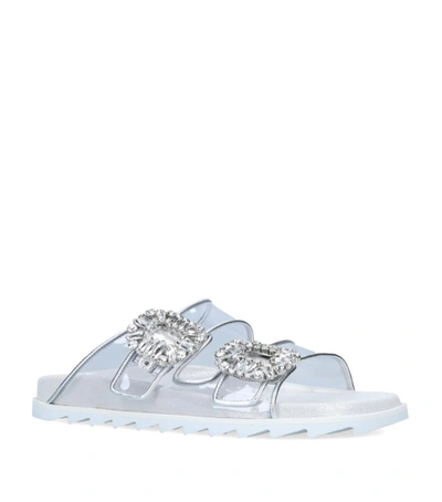 Roger Vivier Slidy Viv Strass Buckle Crystal-embellished Metallic-woven Sliders In Silver