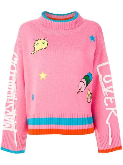 Mira Mikati Long Sleeved Jumper With Patches And Embroidered Arms - In Pink