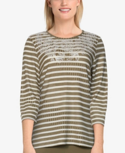 Alfred Dunner Women's Missy San Antonio Casual Ribbed Striped Embroidered Top In Olive
