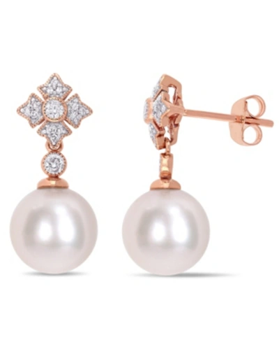 Macy's Cultured Freshwater Pearl (9-1/2mm) & Diamond (1/5 Ct. T.w.) Drop Earrings In 10k Rose Gold