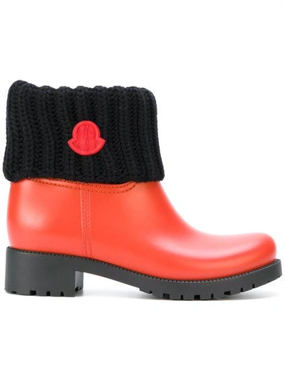 Moncler 'ginette' Knit Cuff Leather Rain Boot In Red