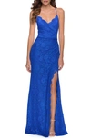 La Femme Strappy Back Lace Gown In Royal Blue