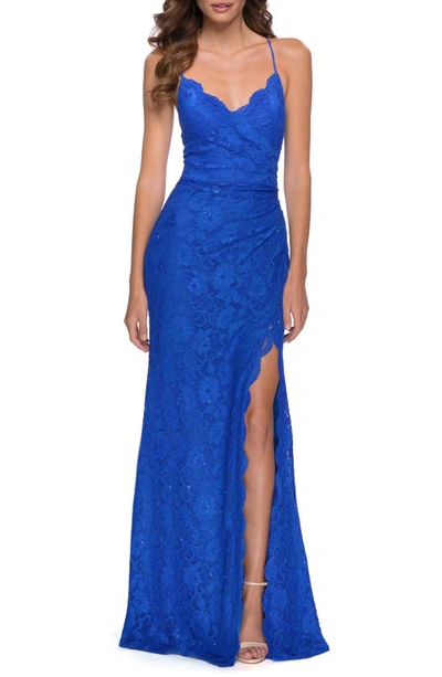 La Femme Strappy Back Lace Gown In Royal Blue
