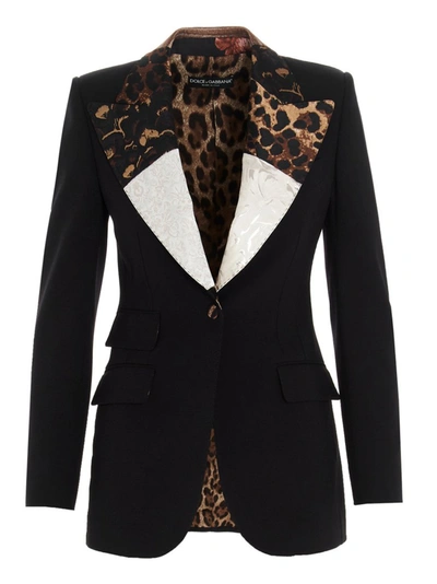 Dolce & Gabbana Leopard Print Detail Single Breasted Blazer In Black