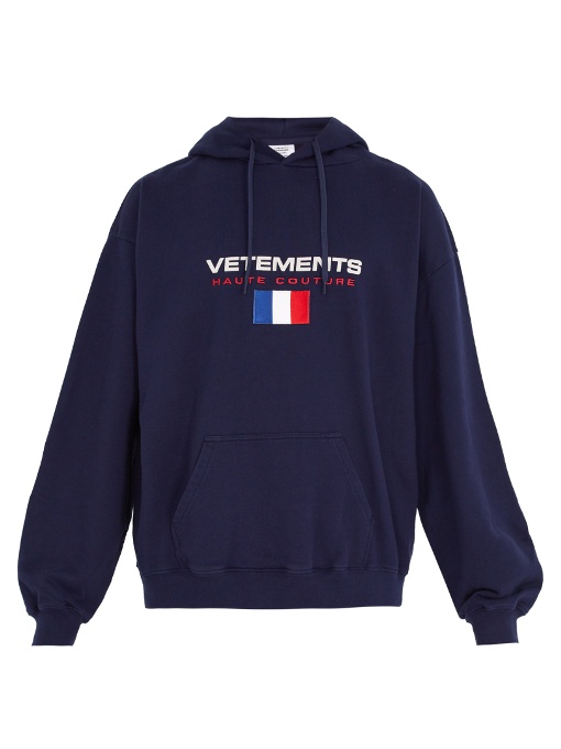 Vetements Hooded Logo-print Cotton-blend Sweatshirt In Navy | ModeSens
