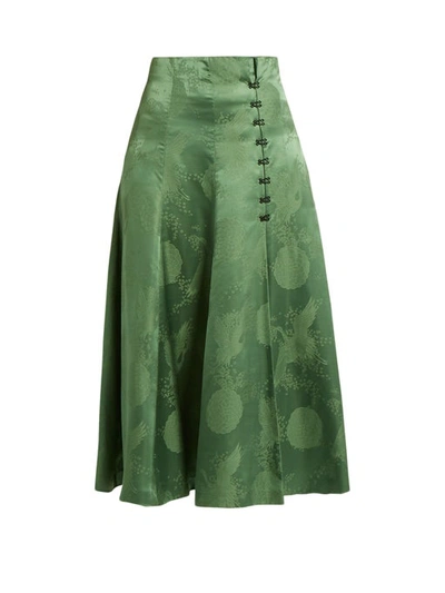 Rosie Assoulin Loop-button Silk Brocade Midi Skirt In Green