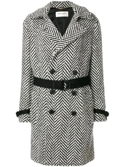 Saint Laurent Chevron-stripe Double-breasted Coat In Black
