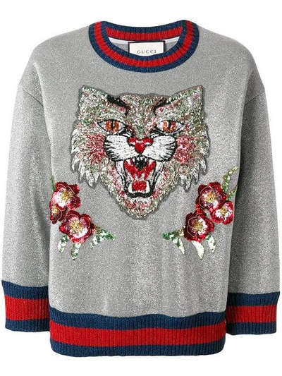 Gucci Sequin Embroidered Angry Cat Lurex Sweater In Silver In Grey