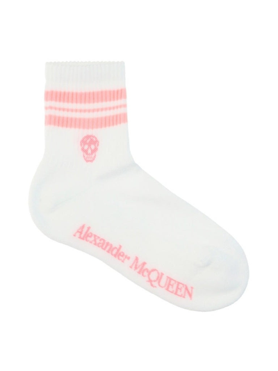 Alexander Mcqueen White & Pink Stripe Skull Socks In White,pink