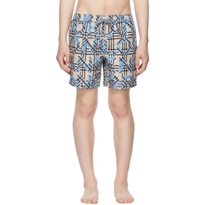Burberry Blue Logo & Check Print Swim Shorts In Multi