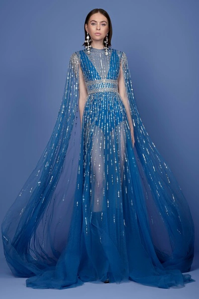 Georges Hobeika Beaded Tulle Illusion Gown With Shawl