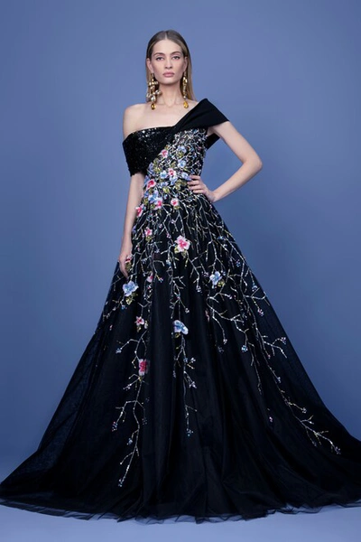 Georges Hobeika Off Shoulder Beaded Tulle Gown In Black