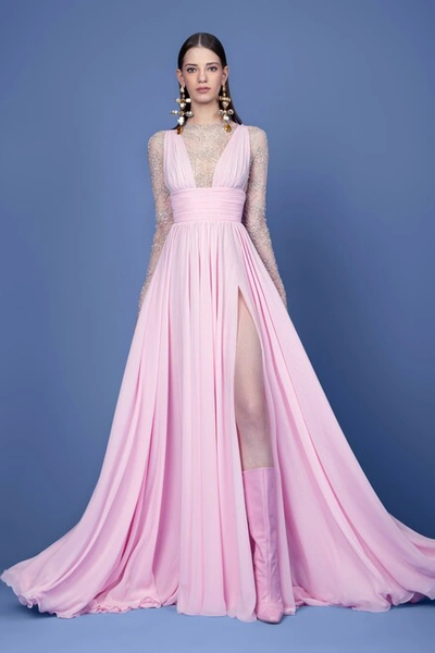 Georges Hobeika Beaded Stretch Body Chiffon - Gown In Pink
