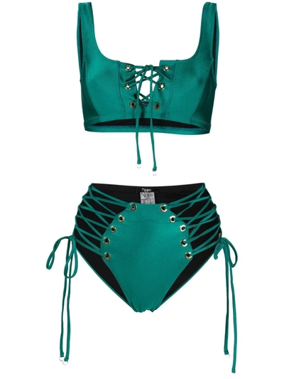 Noire Swimwear Lattice-strap Metallic Bikini Set In Green