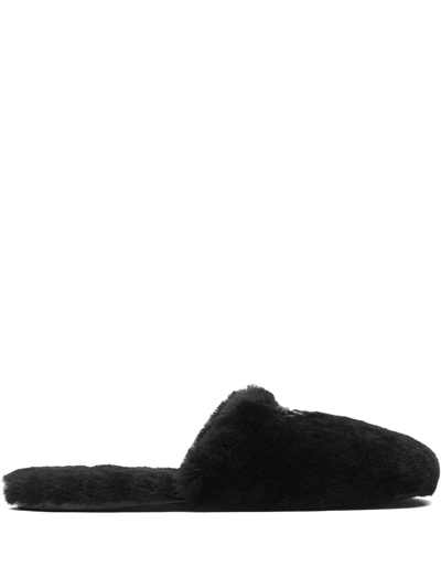 Prada Logo-plaque Shearling Slippers In Black