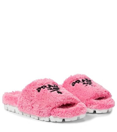 Prada Logo-embroidered Terry Cloth Slides In Pink