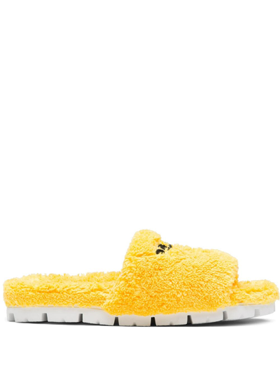 Prada Terry-cloth Embroidered Slides In Giallo Nero