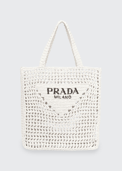 Prada Bicolor Woven Logo Shopper Tote Bag In White