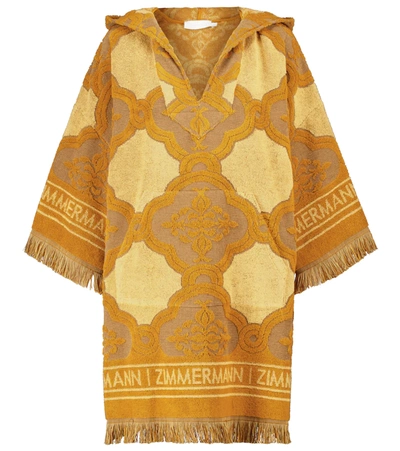 Zimmermann Aliane Hooded Fringed Cotton-terry Jacquard Mini Dress In Yellow & Orange