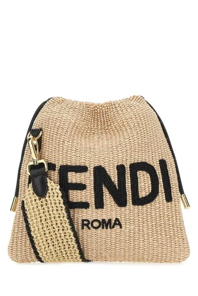 Fendi Logo Woven Shoulder Bag In Beige