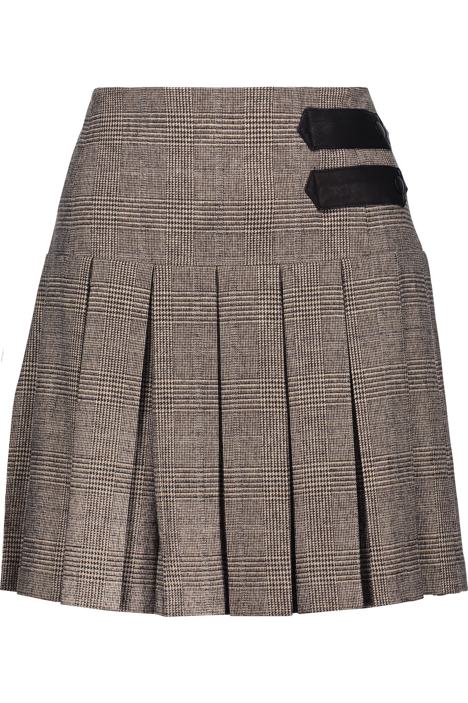 Alice And Olivia Emilie Pleated Leather-trimmed Houndstooth Mini Skirt ...