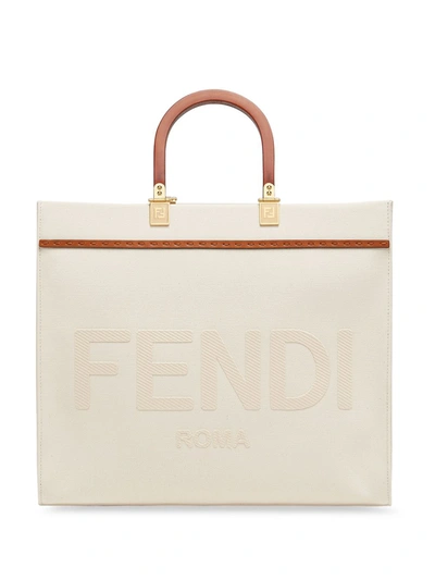 Fendi Sunshine Shopping Bag With Embroidered Logo In White