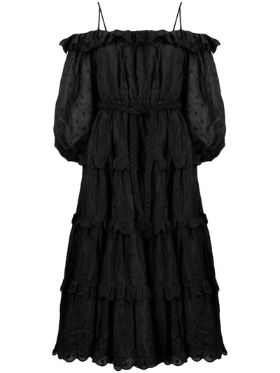 Zimmermann Black Polka Dot Off-shoulder Midi Dress In Noir